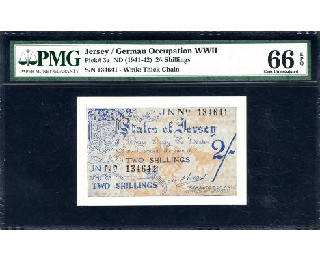 Jersey, P 3a, Linzmayer B104a, German Occupation WWII, States of Jersey, 2 Shillings, (1941-42). Coat of arms of Jersey at up