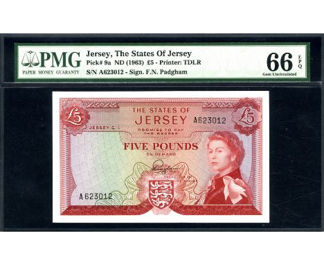 Jersey, P 9a, Linzmayer B109a, The States of Jersey, 5 Pounds, (1963). Coat of arms of Jersey at lower center, portrait of Qu