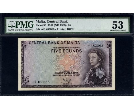 Malta, P 30a, Linzmayer B203a, Central Bank of Malta, 5 Pounds, L.1967. George Cross at center, portrait of Queen Elizabeth I