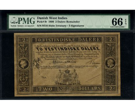 Danish West Indies, P 9r, Sieg 14r, State Treasury, 2 Dalere, 1898. Portrait of Mercury in frame at left, portrait of Zeus at