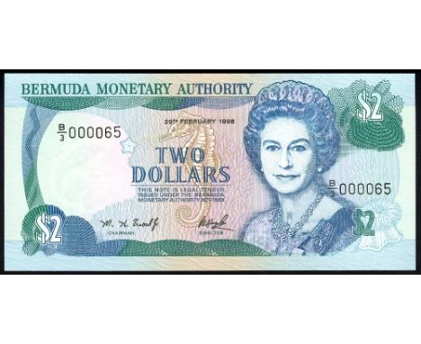 Bermuda, P 40A, Linzmayer B214a, Bermuda Monetary Authority, 2 Dollars, 29 February 1996, LOW SERIAL NUMBER 65. Portrait of Q