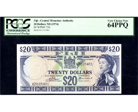 Fiji, P 75b, Linzmayer B406b, Central Monetary Authority, 20 Pounds, (1974). Coat of arms of Fiji at upper center, portrait o