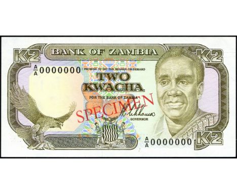 Zambia, P 29s, Linzmayer B130as, Bank of Zambia, 2 Kwacha, (1989), SPECIMEN. Fish eagle at lower left, coat of arms of Zambia