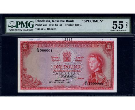 Rhodesia, P 25s, Linzmayer B102s, Reserve Bank of Rhodesia, 1 Pound, 12 November 1965, SPECIMEN PROOF. Flowers; coat of arms;