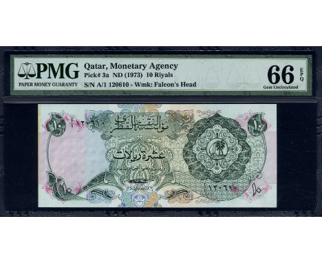 Qatar, P 3a, Linzmayer B103a, The Qatar Monetary Agency, 10 Riyals, (1973). Coat of arms of Qatar at right on front. Signatur