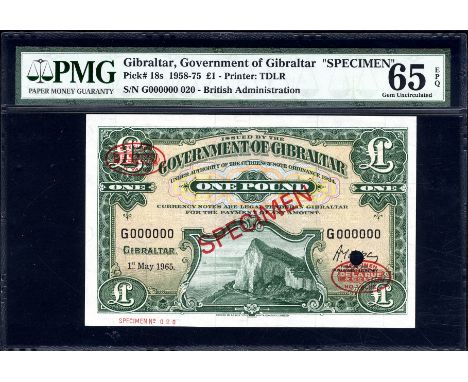 Gibraltar, P 18s, Linzmayer B116fs2, Government of Gibraltar, 1 Pound, 1 May 1965, SPECIMEN. Rock of Gibraltar on front. Sign