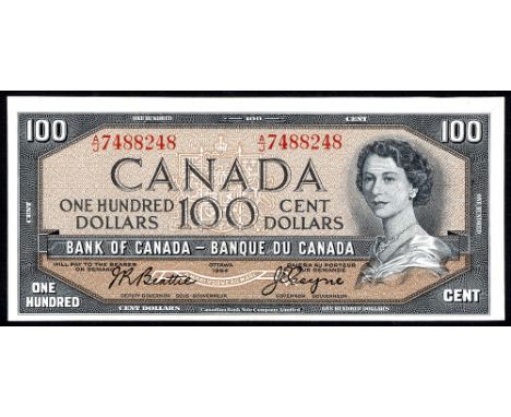 Canada, P 82a, Linzmayer B345a, Charlton BC-43a, Bank of Canada, 100 Dollars, 1954. Portrait of Queen Elizabeth II at right o