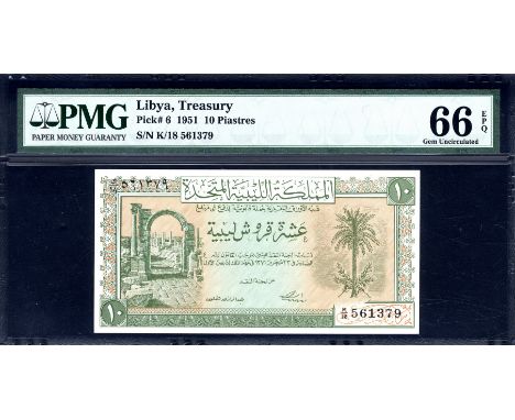 Libya, P 6, Linzmayer B202a, United Kingdom of Libya, Treasury, 10 Piastres, L.1951. Arch of Trajan at Leptis Magna in Al Khu
