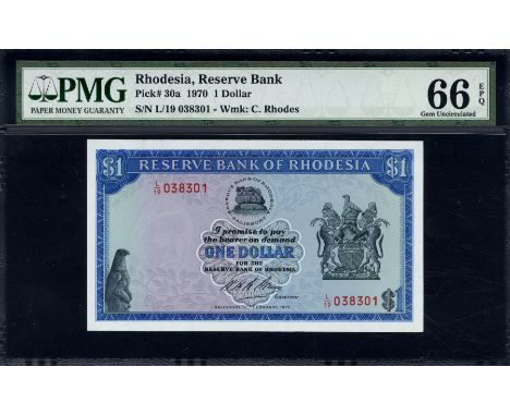 Rhodesia, P 30a, Linzmayer B107a, Reserve Bank of Rhodesia, 1 Dollar, 17 February 1970. Zimbabwe bird; leaves; bank logo; coa