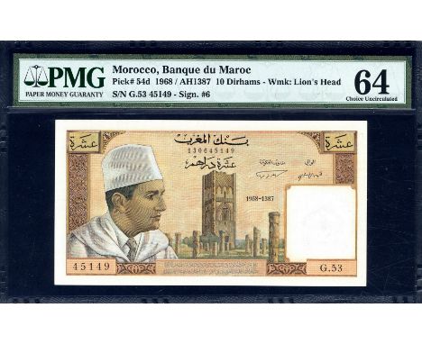 Morocco, P 54d, Linzmayer B402d, Banque d’État du Maroc, 10 Francs, (1968). King Mohammed VI wearing fez; Hassan Tower minare