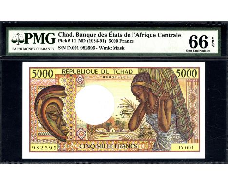Chad, P 11, Linzmayer B211a, Banque des États de L'Afrique Centrale, 5000 Francs, (1984). Carved wooden mask; three houses in