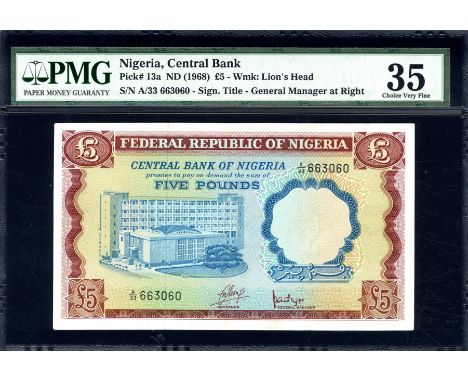 Nigeria, P 13a, Linzmayer B212a, Central Bank of Nigeria, 5 Pounds, (1968). Central Bank of Nigeria building in Lagos on fron