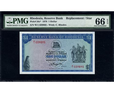 Rhodesia, P 34cr, Linzmayer B107nr, Reserve Bank of Rhodesia, 1 Dollar, 18 April 1978, REPLACEMENT. Zimbabwe bird; leaves; ba