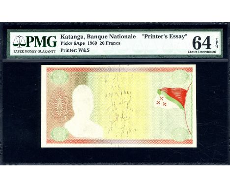 Katanga, P 6Ape, Linzmayer B202w, Banque Nationale du Katanga, 10 Francs, 1 December 1960, PRINTER'S ESSAY. Partial print wit