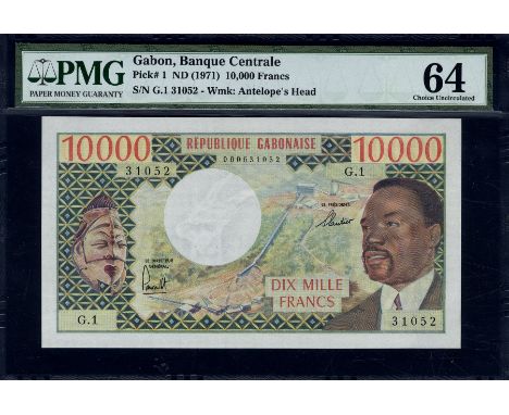 Gabon, P 1, Linzmayer B101a, Banque Centrale, 10,000 Francs, (1971). Carved wooden mask; manganese mine elevator; Omar Bongo 
