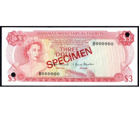 Bahamas, P 28s, Linzmayer B203as1, Bahamas Monetary Authority, 3 Dollars, L.1968, SPECIMEN. Portrait of Queen Elizabeth II at