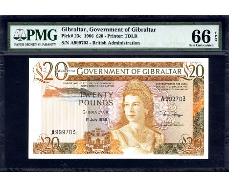 Gibraltar, P 23c, Linzmayer B121c, Government of Gibraltar, 20 Pounds, 1 July 1986. Rock of Gibraltar; coat of arms of castle