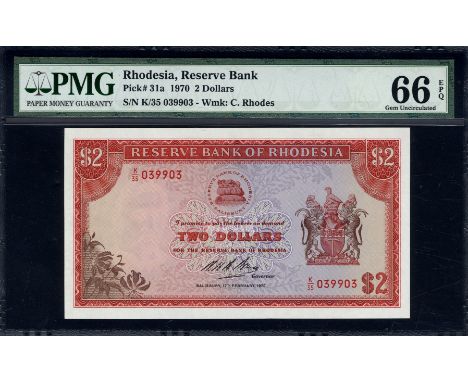 Rhodesia, P 31a, Linzmayer B108a, Reserve Bank of Rhodesia, 2 Dollars, 17 February 1970. Flowers; leaves; bank logo; coat of 