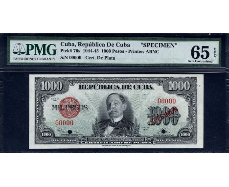 Cuba, P 76s, Republica de Cuba, 1,000 Pesos, 1945. Portrait of Tomas Estrada Palma at center on front. Coat of arms of Cuba a