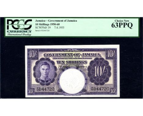Jamaica, P 39, Linzmayer B108d, Government of Jamaica, 10 Shillings, 7 April 1955. Portrait of King George VI at left on fron