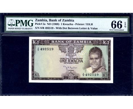Zambia, P 5a, Linmzmayer B105a, Bank of Zambia, 1 Kwacha (1968). Coat of arms; President Kenneth Kaunda on front. Signature J