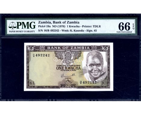 Zambia, P 19a, Linzmayer B119a, Bank of Zambia 1 Kwacha (1976). Coat of arms; President Kenneth Kaunda on front. Signature Lu