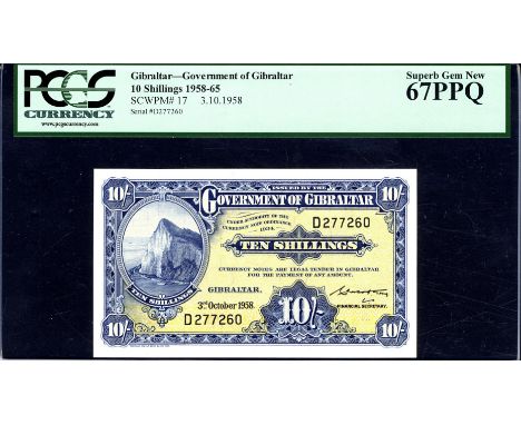 Gibraltar, P 17, Linzmayer B115c, Government of Gibraltar, 10 Shillings, 3 October 1958. Rock of Gibraltar on front. Signatur