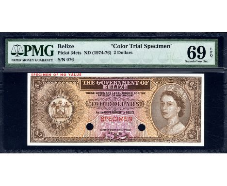 Belize, P 34cts, Linzmayer B102t, The Government of Belize, 2 Dollars, (1 January 1974), COLOUR TRIAL. Coat of arms of Belize