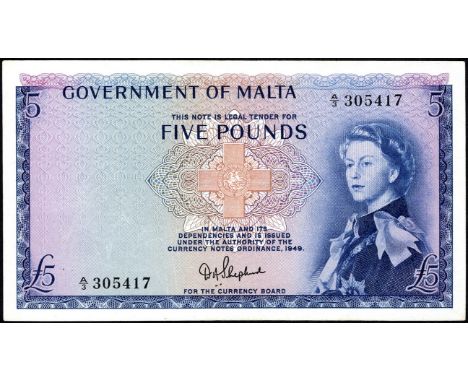 Malta, P 27a, Linzmayer B126a, Government of Malta, 5 Pounds, L.1949. George Cross at center, portrait of Queen Elizabeth II 
