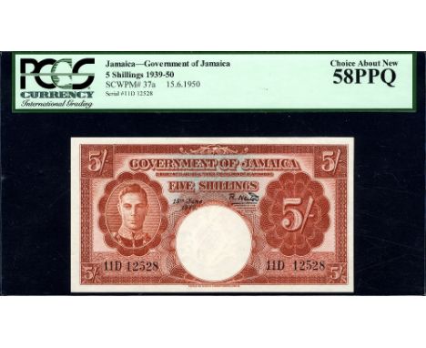 Jamaica, P 37a, Linzmayer B106g, Government of Jamaica, 5 Shillings, 15 June 1950. Portrait of King George VI on front. Signa