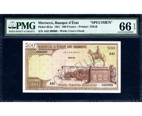 Morocco, P 45As, Linzmayer B234s4, Banque d’État du Maroc, 500 Francs, 29 May 1951, SPECIMEN. Buildings and palm trees in Med