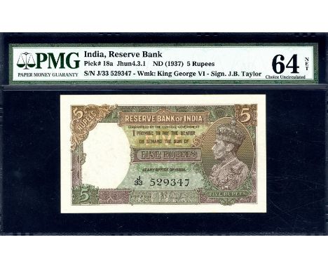 India, P 18a, Jhunjhunwalla/Razack 4.3.1, Reserve Bank of India, 5 Rupees, (1937). Portrait of King George VI at right on fro