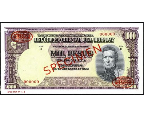 Uruguay, P 45s, Linzmayer B505as, Banco Central del Uruguay, 1,000 Pesos, L.2 January 1939, SPECIMEN. Coat of arms of Uruguay
