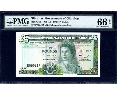 Gibraltar, P 21a, Linzmayer B119a, Government of Gibraltar, 5 Pounds, 20 November 1975. Rock of Gibraltar; coat of arms of ca