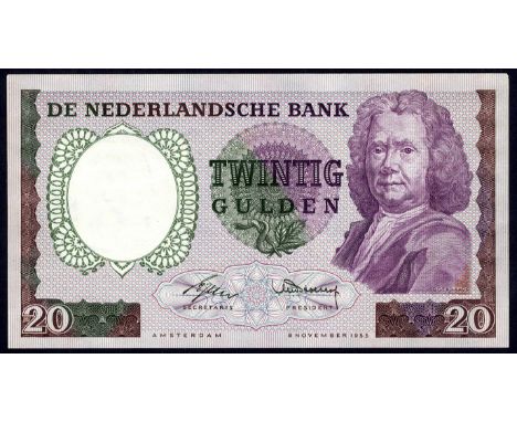 Netherlands, Plomp 53, AV 43, P 86, De Nederlandsche Bank, 20 Gulden, 8 November 1955. Portrait of Herman Boerhaave at right 