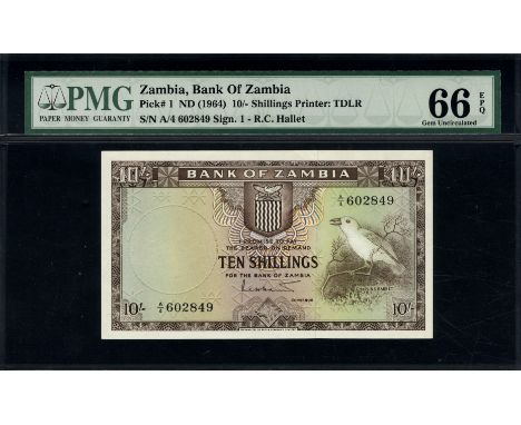 Zambia, P 1a, Linzmayer B101a, 10 Shillings (1964). Coat of arms; chaplin’s barbet (tricholaema) bird on branch on front. Sig