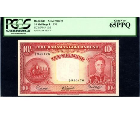 Bahamas, P 10d, Linzmayer B109d, The Bahamas Government, 10 Shillings, L.1936. Ship seal at left, portrait of King George VI 