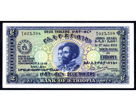 Ethiopia, P 6, Linzmayer B101a, Bank of Ethiopia, 2 Thalers, 1 June 1933. Portrait of Empress Menen Asfaw and Emperor Haile S