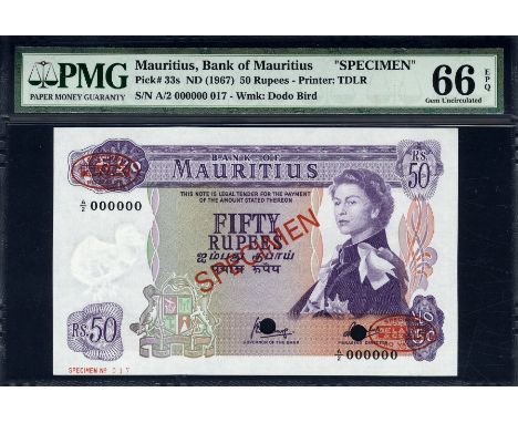 Mauritius, P 33cs, Linzmayer B404cs1, Bank of Mauritius, 50 Rupees, (1967), SPECIMEN. Portrait of Queen Elizabeth II at right