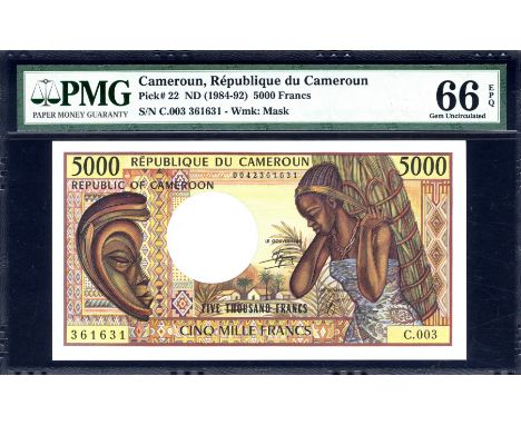 Cameroun, P 22, Linzmayer B408b, Banque des États de L'Afrique Centrale, 5000 Francs, (1990). Carved wooden mask; three house