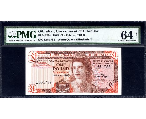Gibraltar, P 20e, Linzmayer B118e, Government of Gibraltar, 1 Pound, 4 August 1988. Rock of Gibraltar; coat of arms of castle