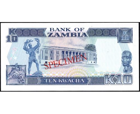 Zambia, P 31as, Linzmayer B132as, Bank of Zambia, 10 Kwacha, (1989-91), SPECIMEN. Fish eagle at lower left, coat of arms of Z