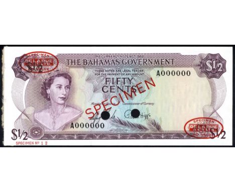 Bahamas, P 17s, Linzmayer B116as, The Bahamas Government, ½ Dollar, L.1965, SPECIMEN. Portrait of Queen Elizabeth II at left 