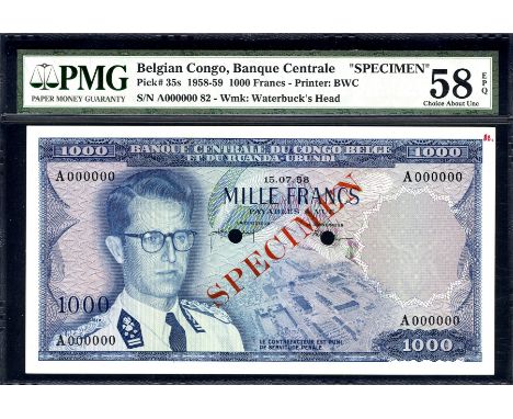 Belgian Congo, NBBC-C15s, P 35s, Banque Centrale du Congo Belge et du Ruanda-Urundi, 1000 Francs, 15 July 1958, SPECIMEN. Por