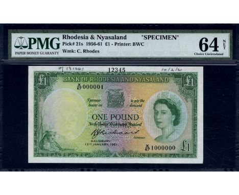 Rhodesia & Nyasaland, P 21s, Linzmayer B102b67s, Bank of Rhodesia and Nyasaland, 1 Pound, 13 January 1961, SPECIMEN. Leopard;