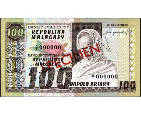 Madagascar, P 63s, Linzmayer B202as2, Banque Centrale de la République Malgache, 100 Francs = 20 Ariary, (1974-75), SPECIMEN.