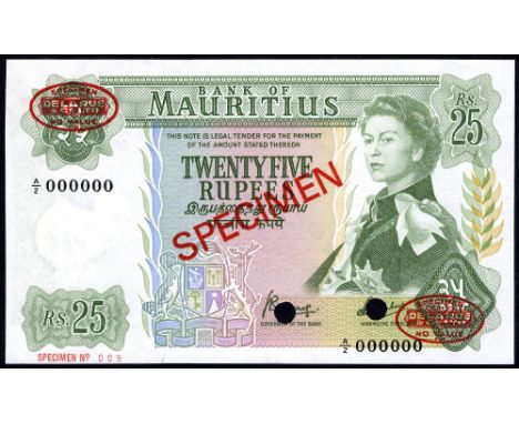 Mauritius, P 32bs, Linzmayer B403bs2, Bank of Mauritius, 25 Rupees, (1967), SPECIMEN. Portrait of Queen Elizabeth II at right