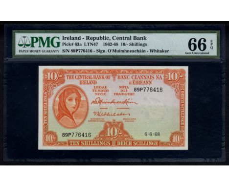 Ireland Republic, P 63a, Blake/Callaway LTN47, The Central Bank of Ireland, 10 Shillings, 6 June 1968. Portrait of Lady Hazel