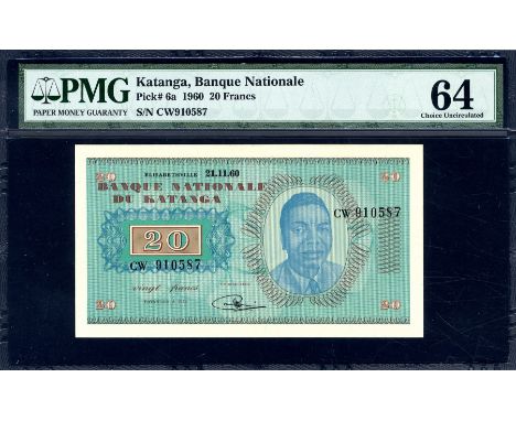 Katanga, P 6a, Linzmayer B204a, Banque Nationale du Katanga, 20 Francs, 21 November 1960. Portrait of Moise Tshombe at right 