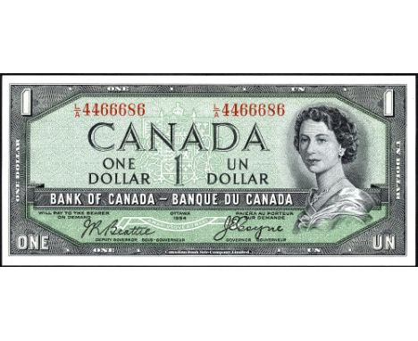 Canada, P 66b, Linzmayer B329a, Bank of Canada, 1 Dollar, 1954, DEVIL'S FACE. Portrait of Queen Elizabeth II at right on fron